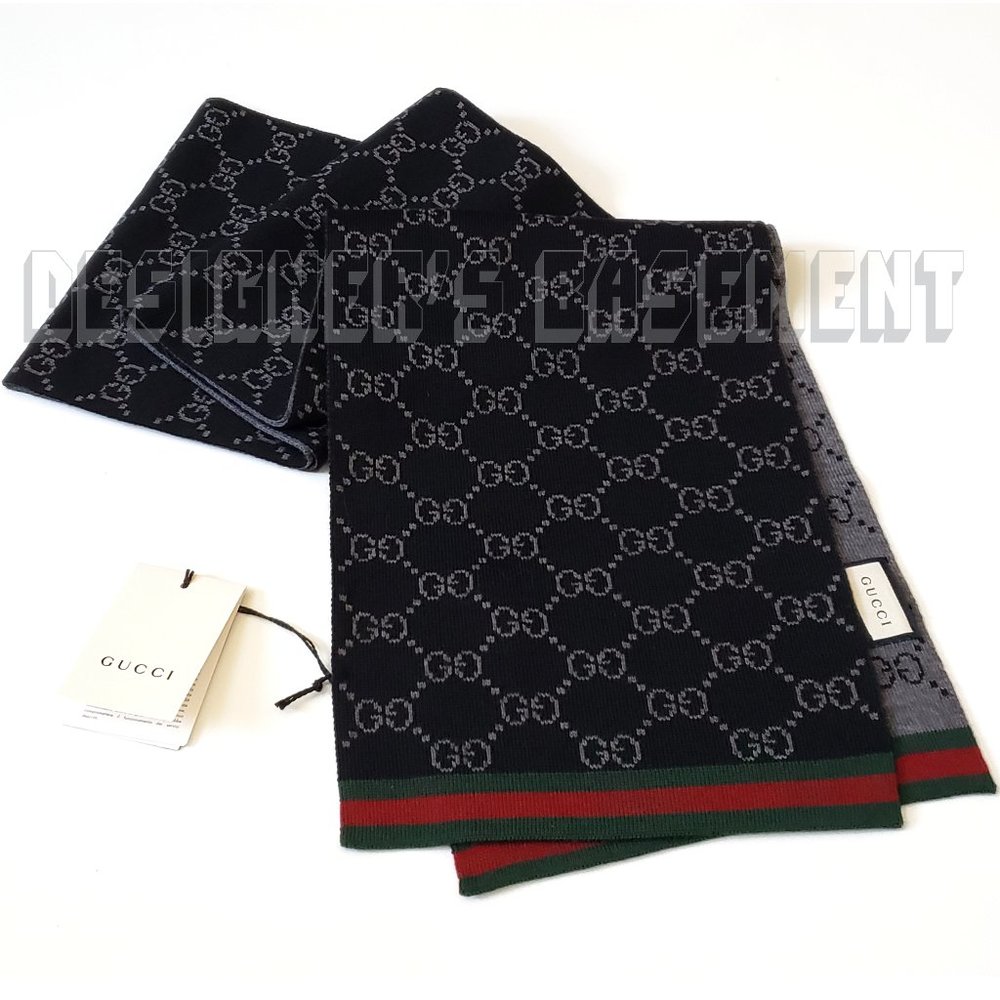 GUCCI black /gray SOLANGE Original GG red & green WEB wool reversible long scarf